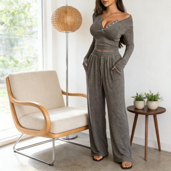 Women's 2 Piece Lounge Sets Long Sleeve Button Up Crop Top Wide Leg Pants Matching Outfit Casual Fall Spring Tracksuits
