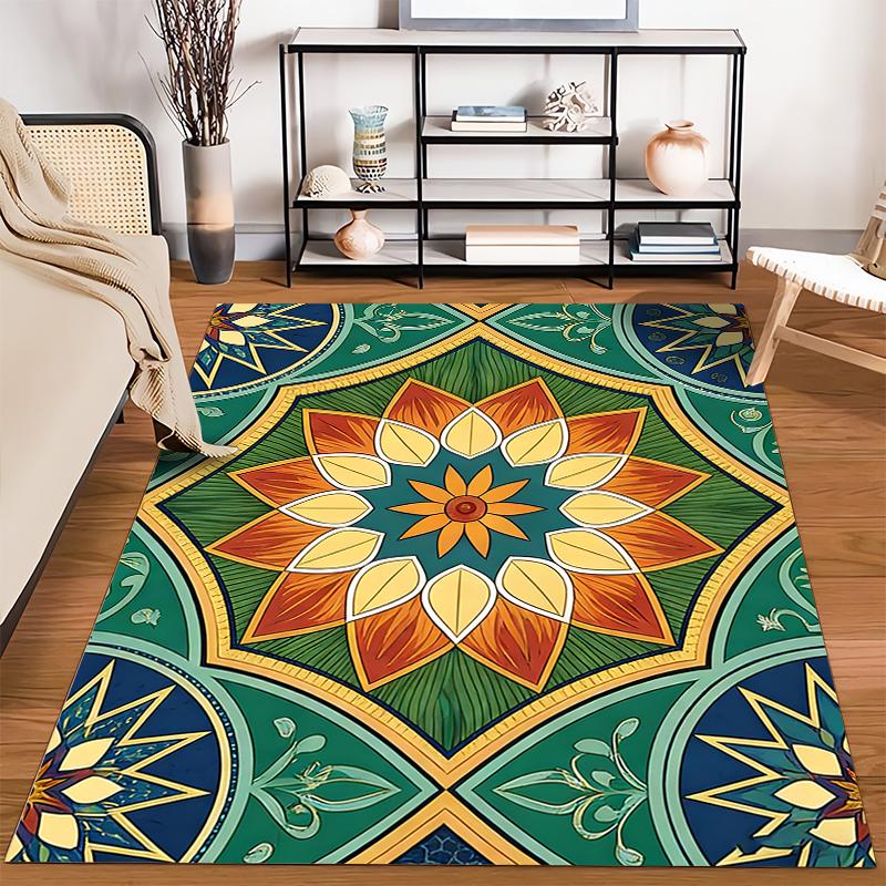 Mandala Flower Pattern Carpet with Vibrant Green and Orange Design Suitable for use as an anti-slip for living room bedroom sofas