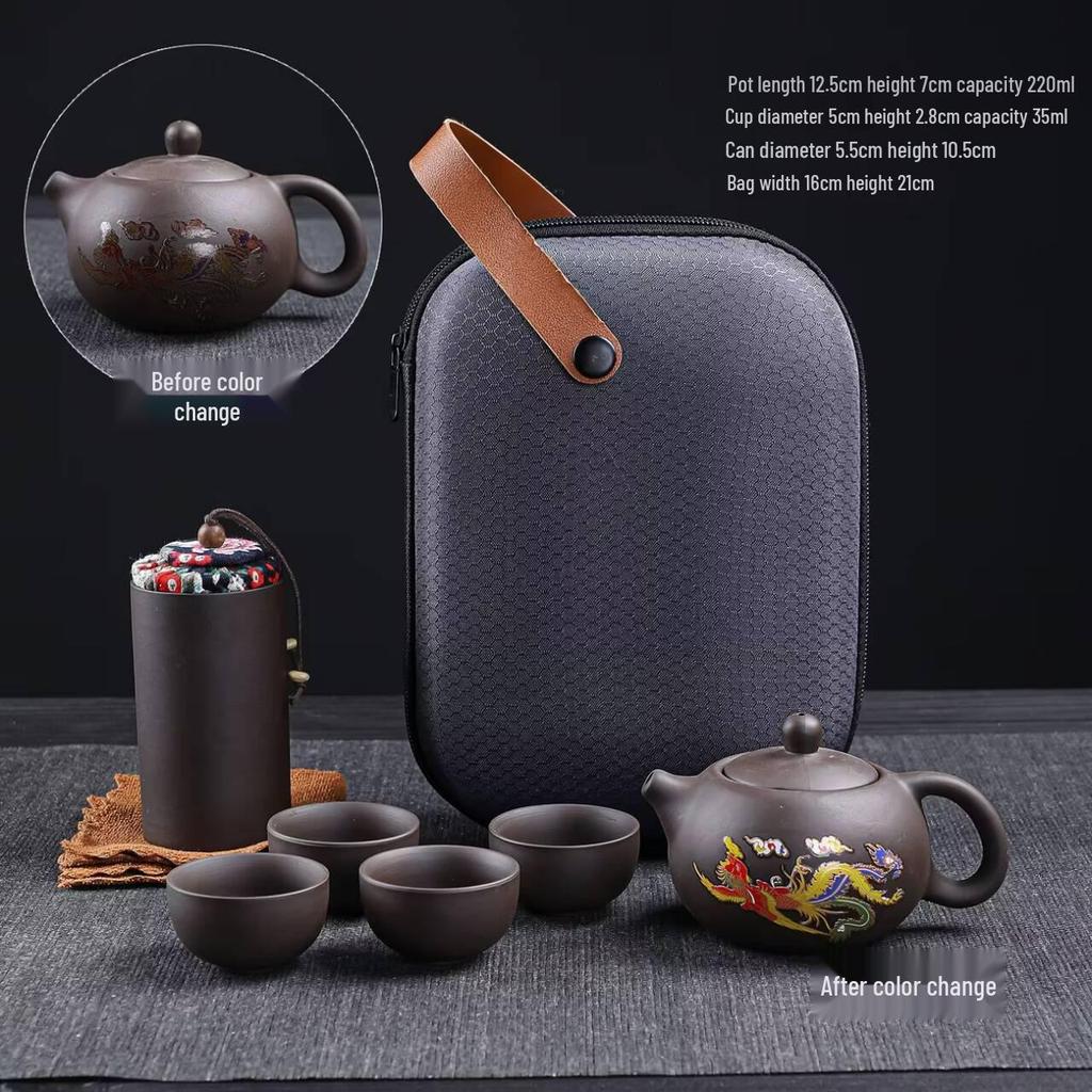 Portable Purple Clay Gongfu Tea Set: Includes 1 Pot and 4 Cups with Ceramic Dry Brew Travel Bag for Outdoor Use.