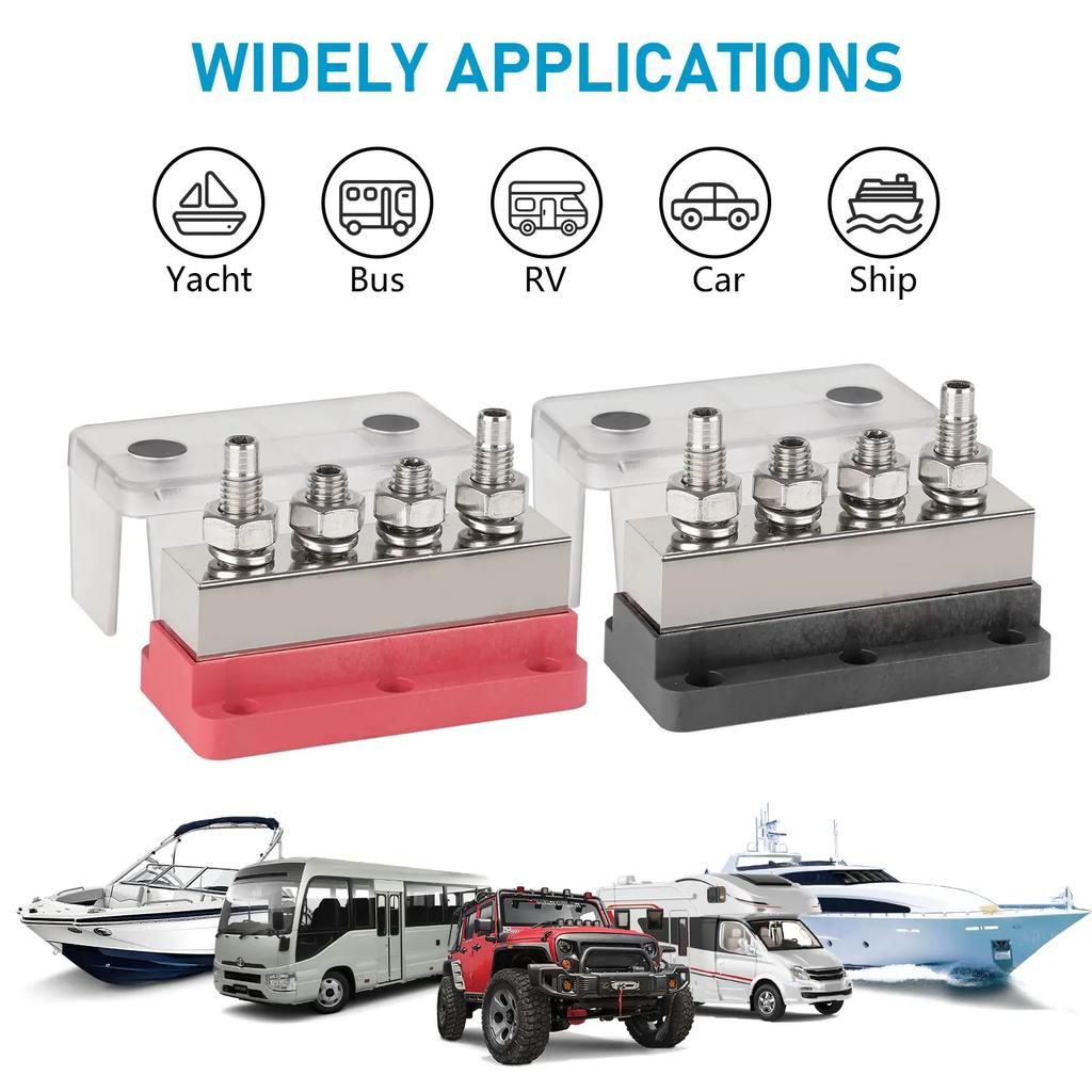 4*M10 Studs (3/8") Marine Battery Bus Bar Heavy Duty 12-48V 600A Waterproof Terminal Block Black & Red for Truck Marine Solar
