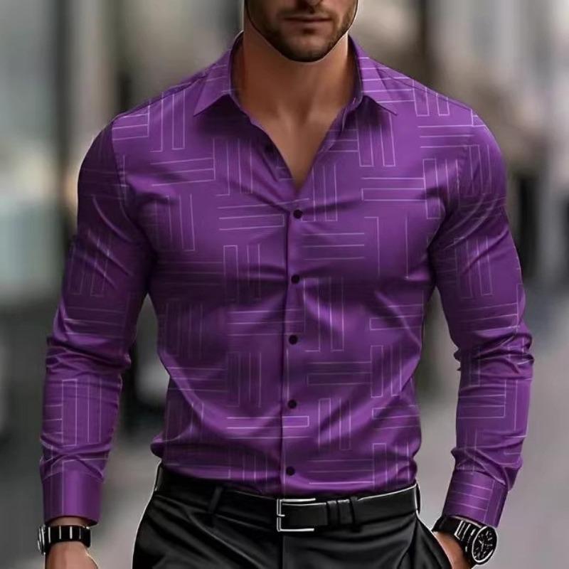 Men Geometric Line Print Long Sleeve Slim Fit Button Down Shirt