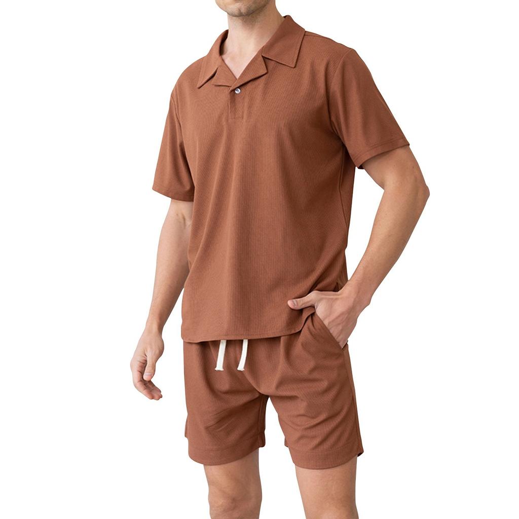 Męska letnia oddychająca, swobodna koszulka męska z kołnierzykiem kubańskim, jednokolorowa koszula i spodenki