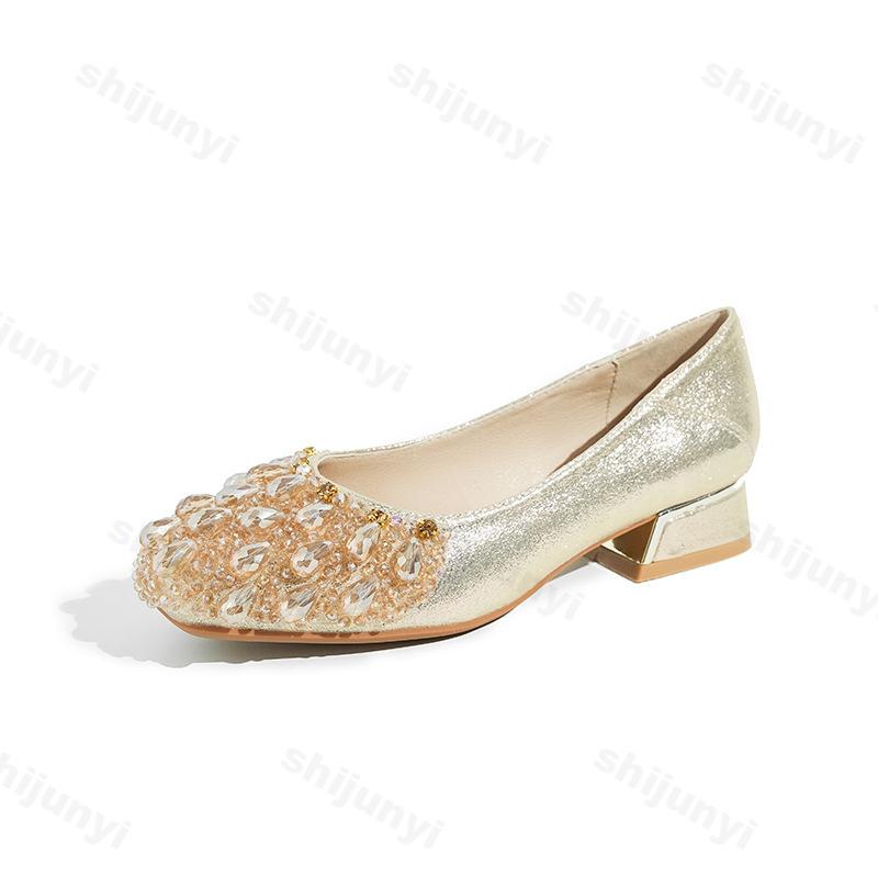 Fashion French Rhinestone Square Toed Single Shoes for Women Spring 2025 New Shallow Mouth Shiny Slip on Comfortable Lightweight Pumps