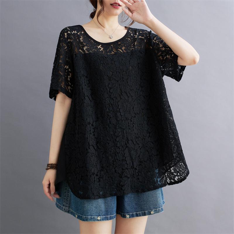 2026 Summer Artistic Lace Chiffon Cool Versatile Plus Size Round Neck Irregular Women s Top L чёрный