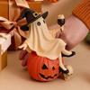 Harz Spukhaus Dekoration Niedliche Geisterfigur, Sitzt auf Kürbisstatue mit Hexe Halloween Tischhut, Tischdekoration für Party Lustige Regalpuppe