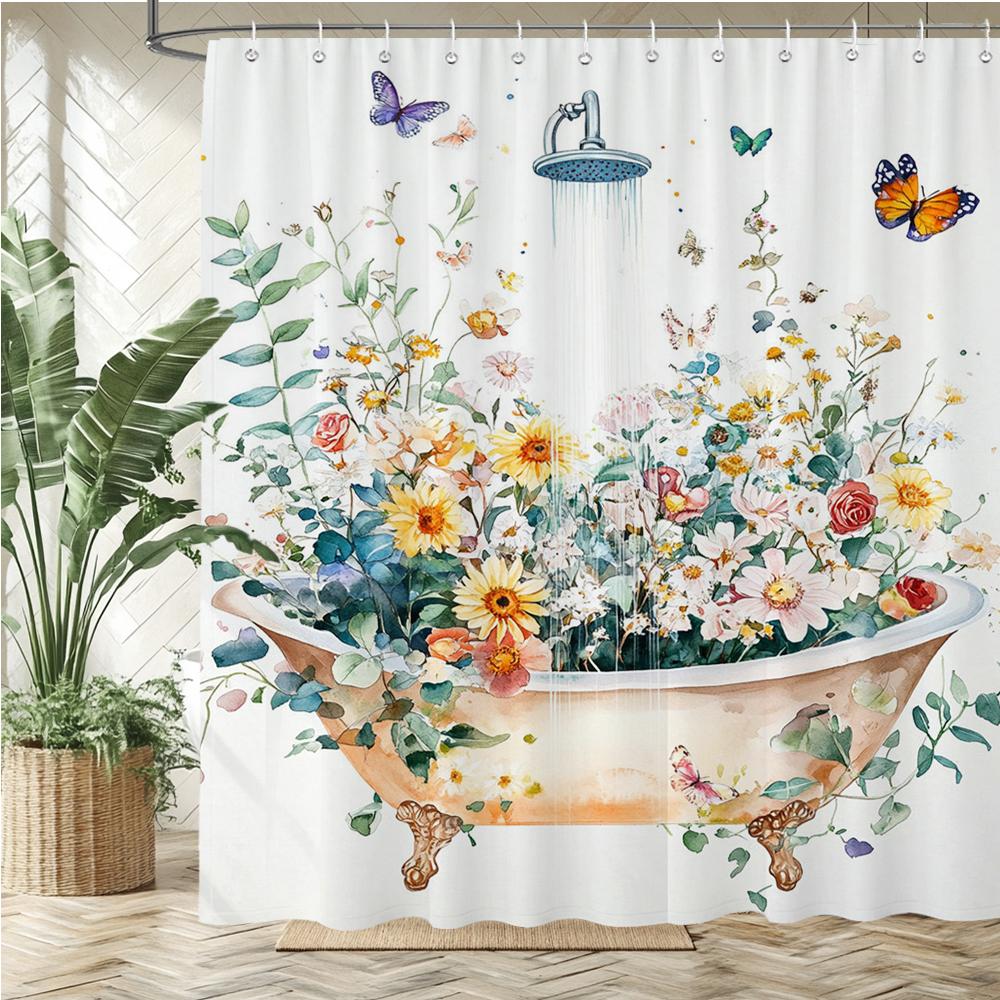 Watercolor red roses flowers and butterflies Shower Curtain Bath Curtain Printing Bathroom Curtains for Home decoration curtain