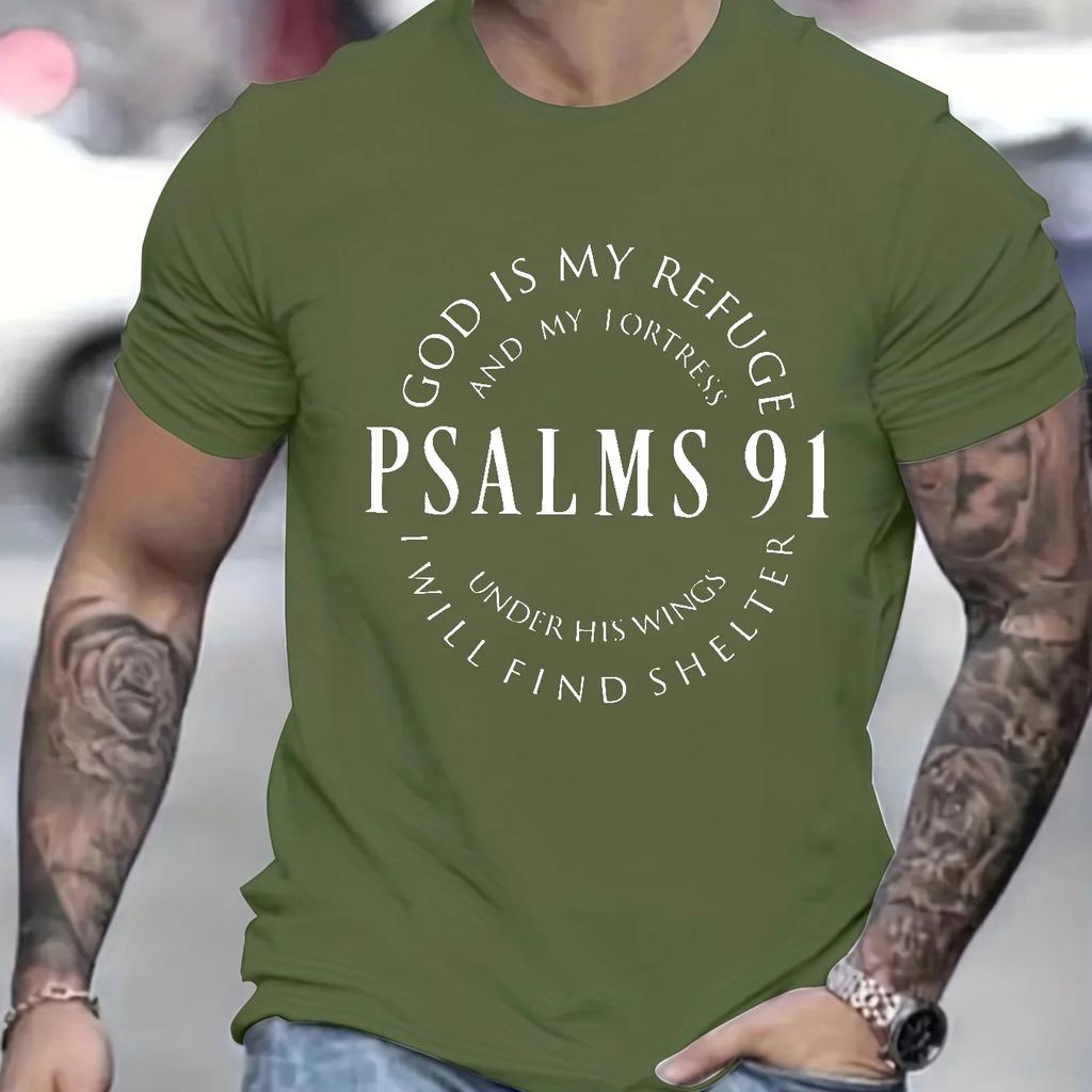 Summer Men's T-shirt 100% Cotton Loose T-shirt Trendy Letter Psalm 91 Letter Ring Print Casual Round Neck Short Sleeve T-shirt