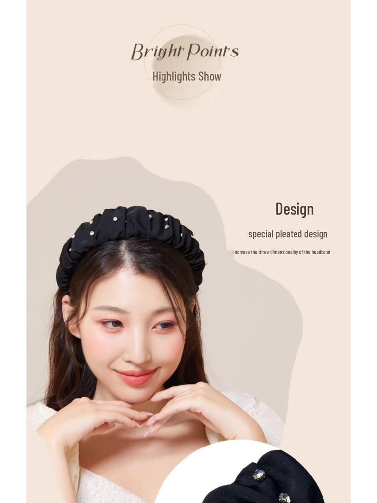 Hathaway Crystal Pleated Diamond Headband: Black Wide-Brimmed High-End Accessory for a Slimming Effect