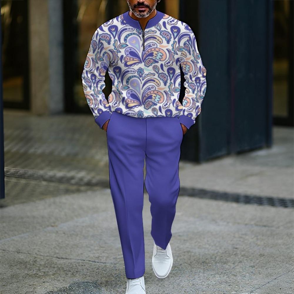 Spring Autumn 3D Printed Fashion Men's Long-Sleeved Sets Half-Zipper Stand-Up Collar Men's Casual Sportswear Two-Piece Set