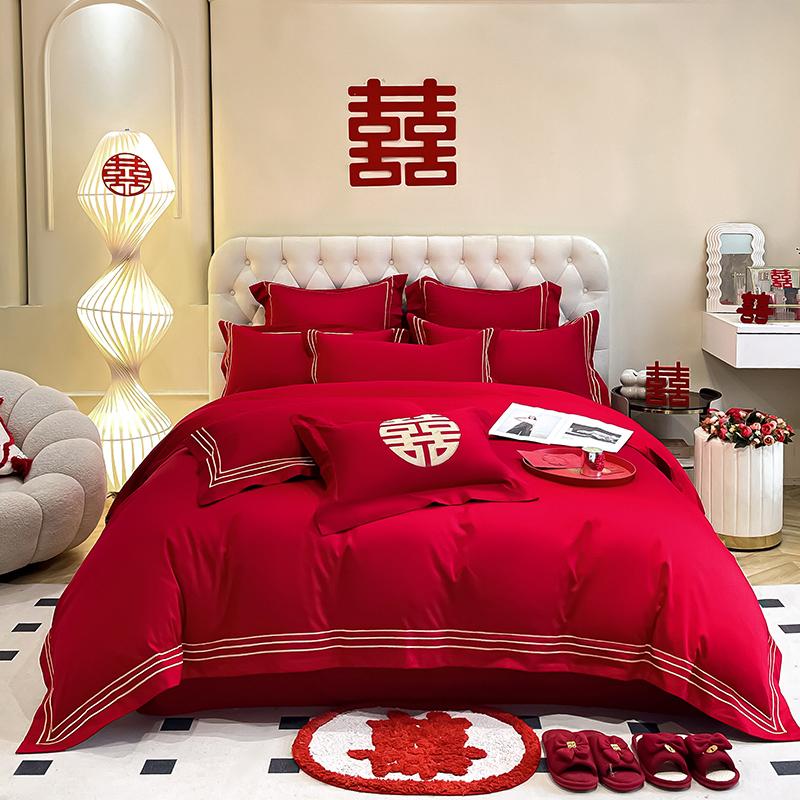 Skin Friendly Cotton Brushed Wedding Embroidery 4-piece Set, Big Red Wedding Bed 4-piece Set, Modern Style Wedding 4-piece Set