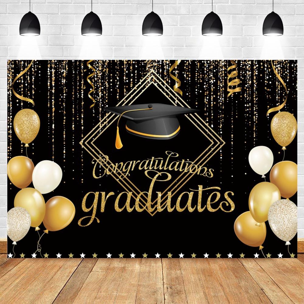Golden Flash Black Balloon Banner Photography Background Cloth, Congratulations Graduation Ceremony Evening Photography Backdrop