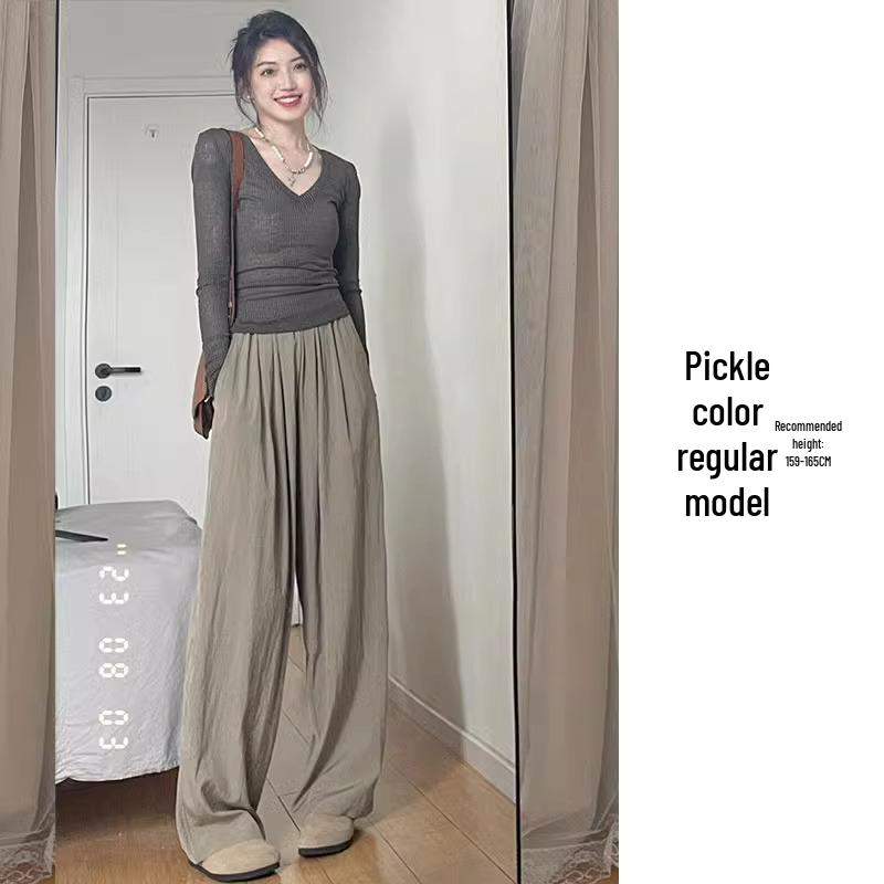 Petite Japanese Cool Elastic Waist Apricot Pants - Women's Summer High-Waist Loose Wide Leg