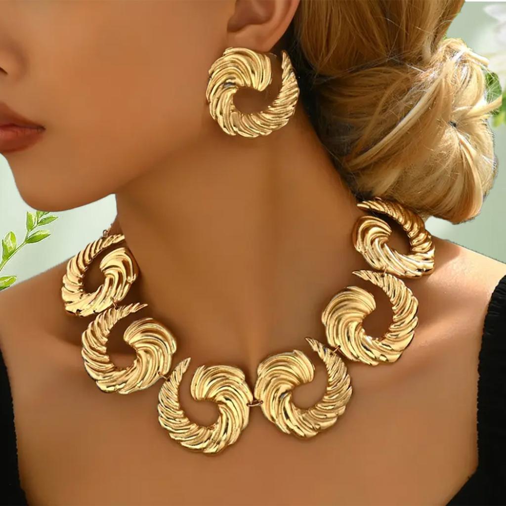 3-Piece Vintage Vacation Style Spiral Necklace and Stud Earring Set for Everyday and Party Occasions