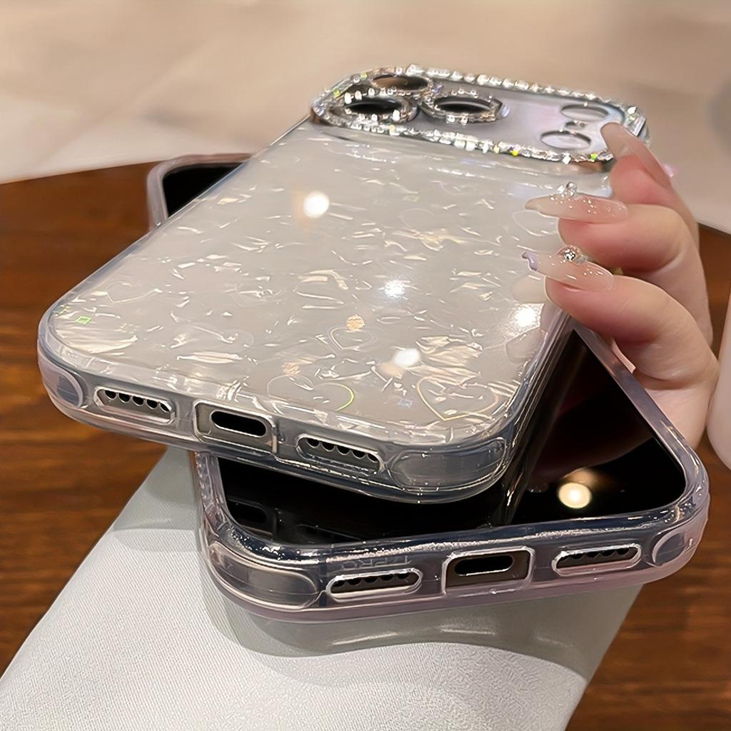 Elegant Glitter Crystal Love Laser shell pattern Phone Case For iphone 17 Air 16 15 14 Plus 13 12 Pro Max Soft Lens film Cover