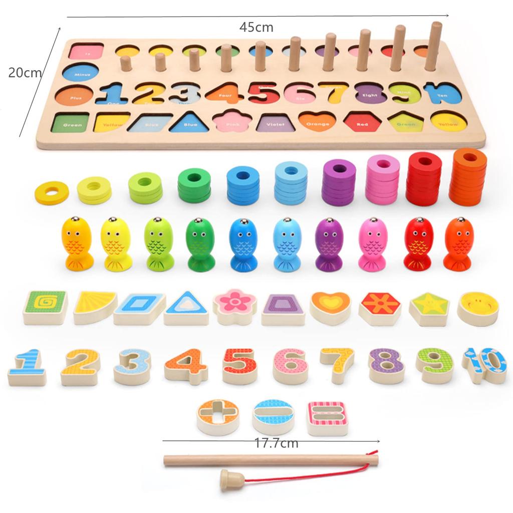 Wooden Puzzle 5in1 Wooden Number Color Shape 3D Fishing Wooden Toy with Various Ways To Small Storage Bag Learning Fingertip Improves Mathematics 6