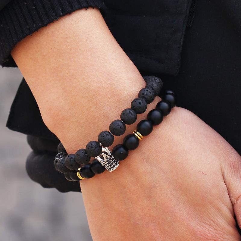 Accessories 8mm black frosted volcanic stone mixed with micro-inlaid zircon diamond ball crown bracelet, set