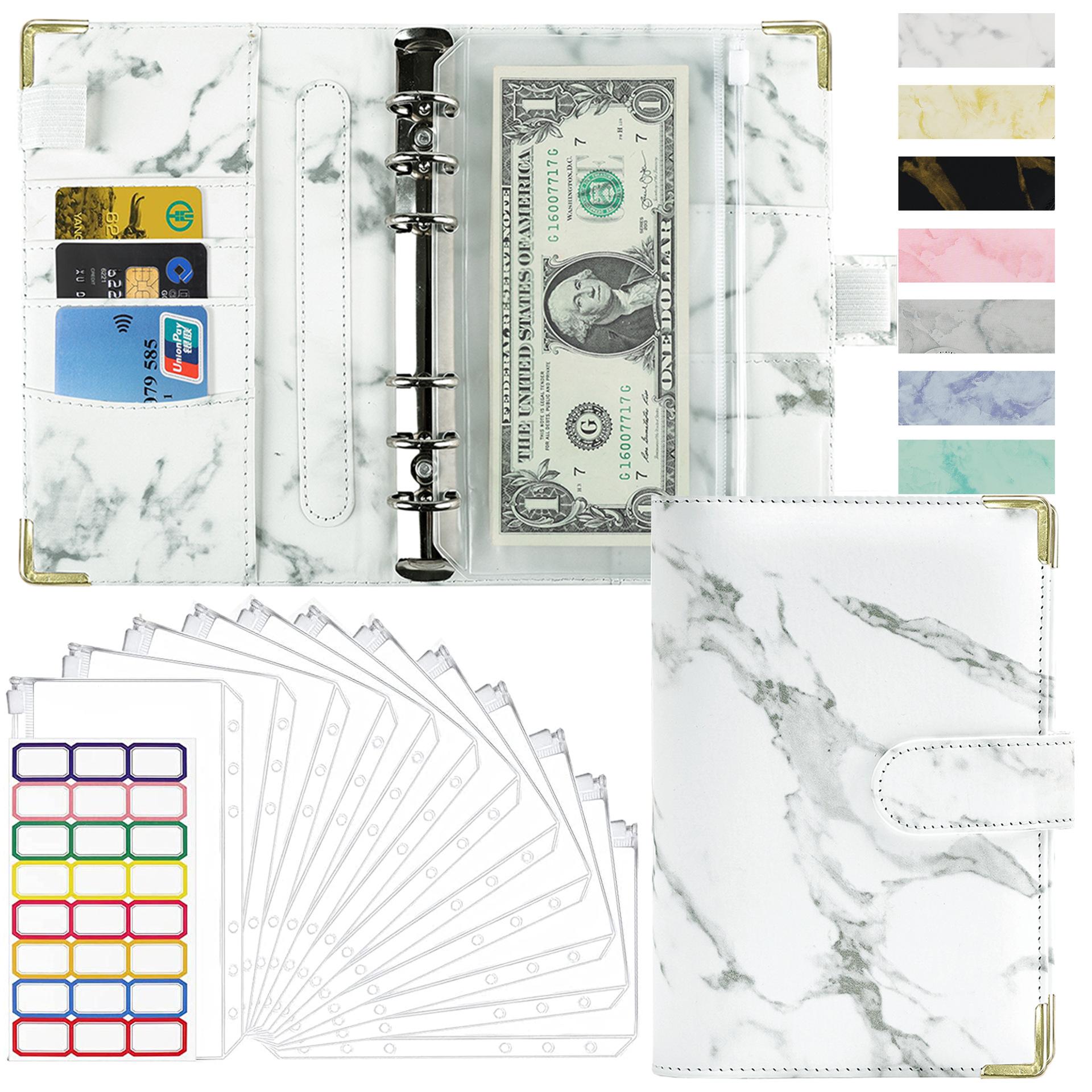 

Папка-регистратор с мраморной обложкой, формат А6, с защитными угловыми карманами на молнии, конверты для денег для бюджетного хранения денег белый