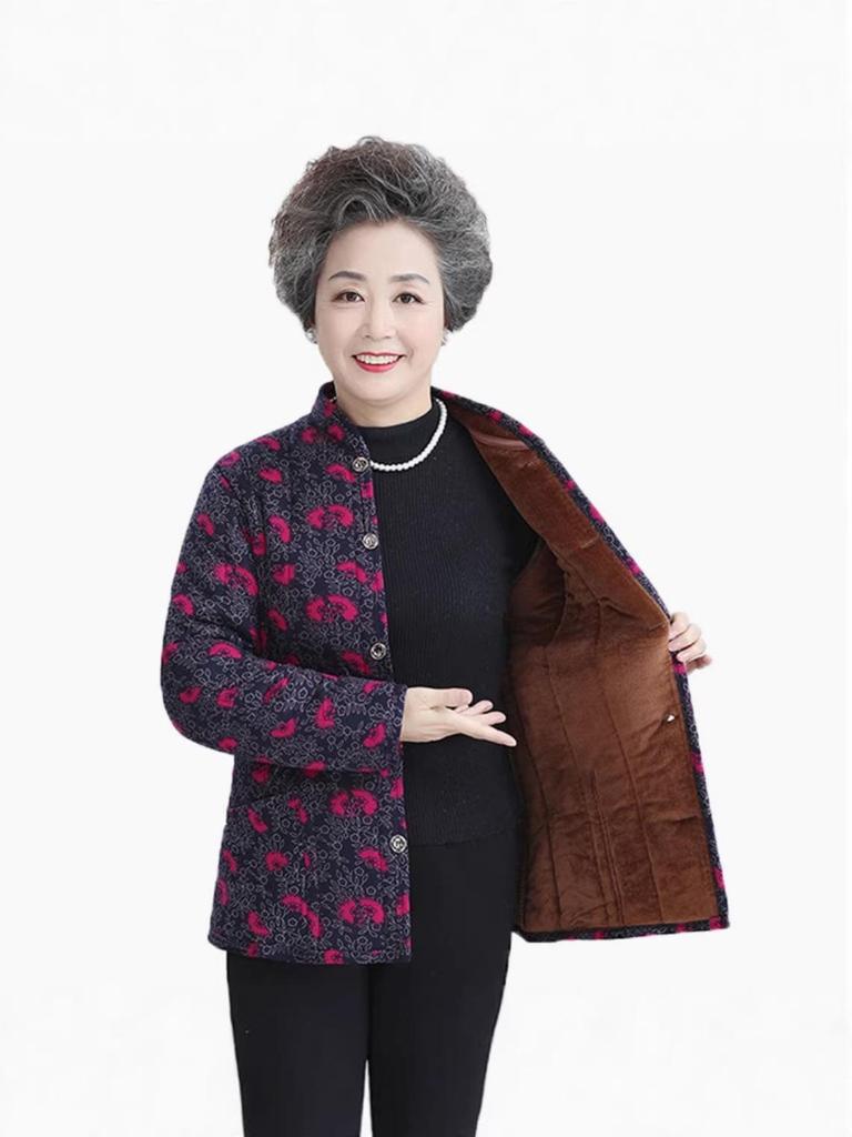 Floral Padded Winter Jacket for Moms - Fleece-Lined Cotton Coat for Middle-Aged and Elderly Women