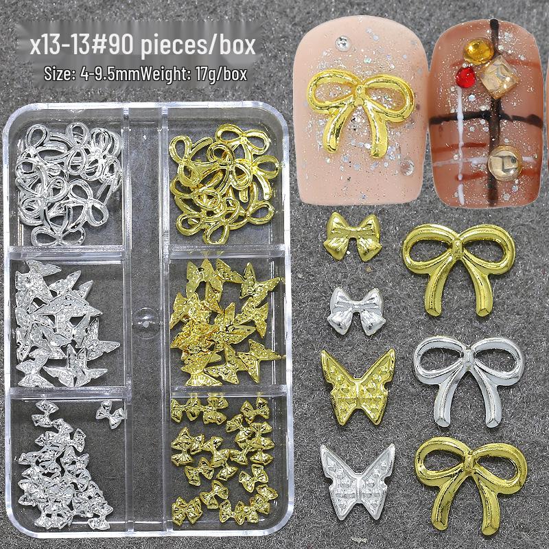

6-Grid Butterfly Nail Art Decor: Gold & Silver Mini Bow and Metal Rivet Embellishments