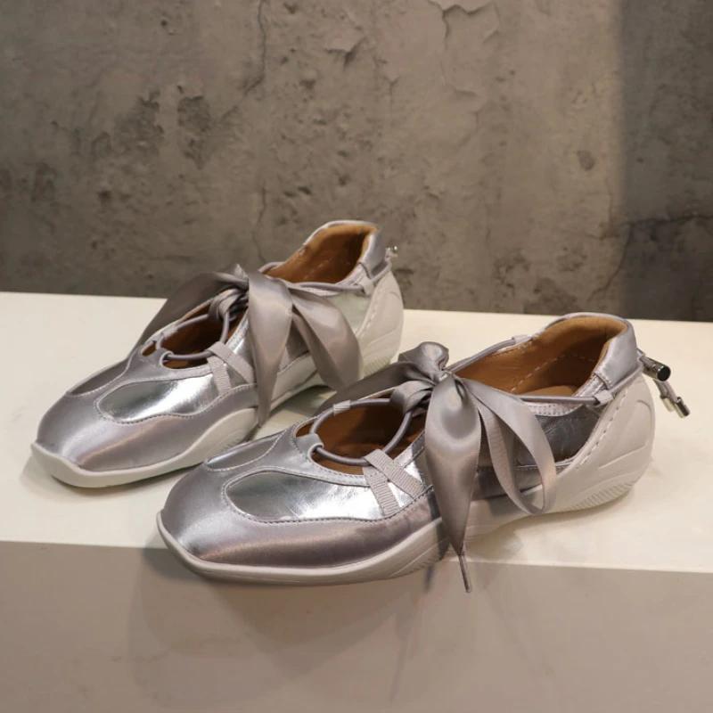 

Fashion Ballet Flat German Training Shoes 2025 New Luxury Women s Shoes Butterfly Strap Mary Jane Shoes Ballet Sneakers 35 серебряный
