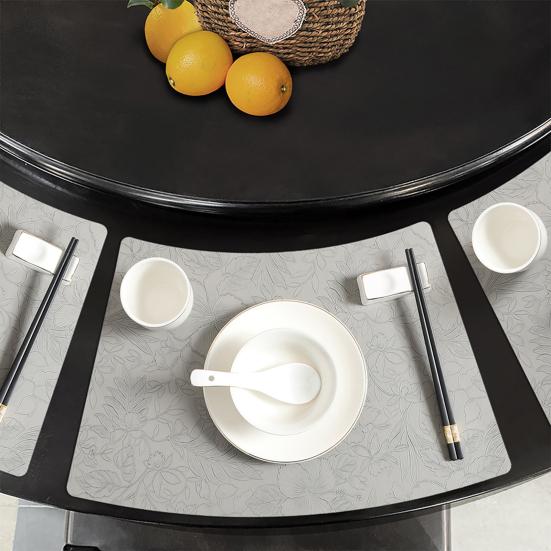 Artificial Leather Placemats Oil Resistant Chinese Style Engraved Flower Pattern Fan-Shaped Placemats Dining Table Decor