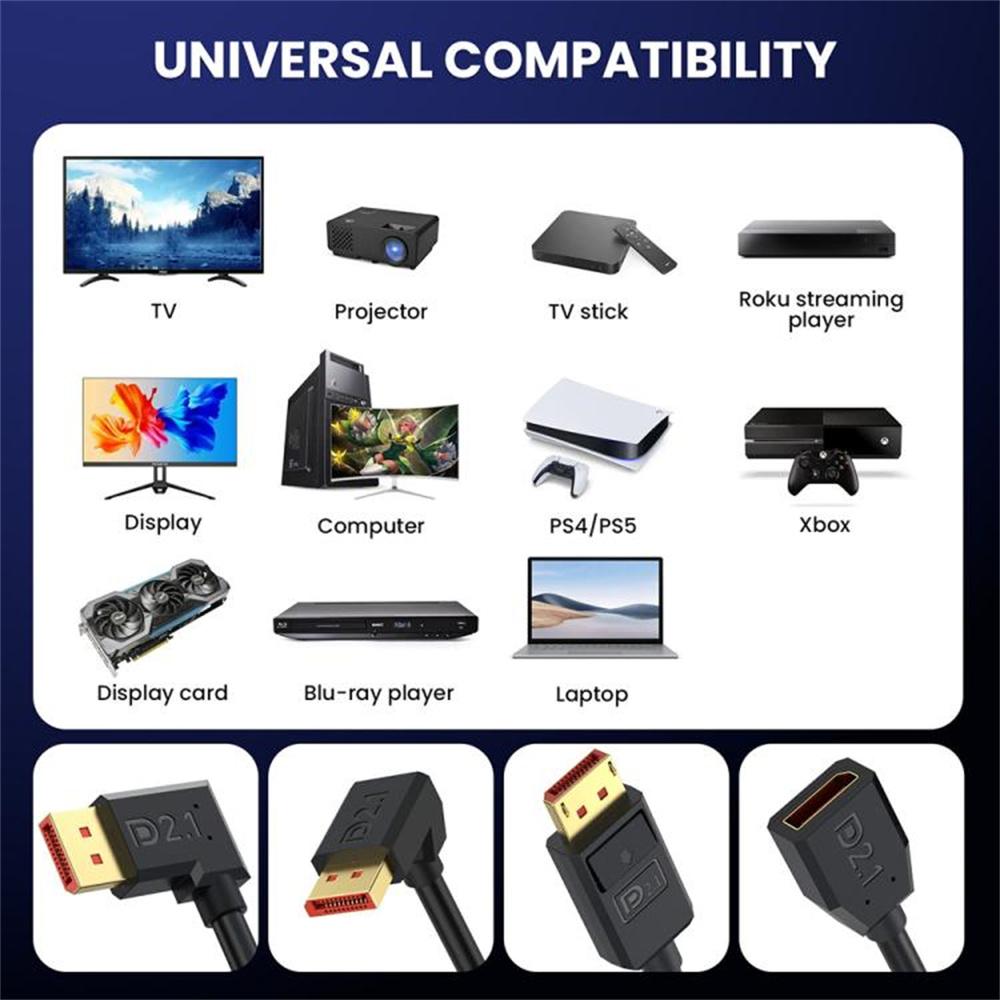 50cm Left Angled DP2.1 Male to Female Adapter Cord 54Gbps 16K 30Hz DisplayPort Extension Cable
