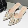 Fashion Luxury String Bead Decoration Design Brand High Heel Slippers Women Shiny Rhinestone Slide Sandals Elegant Wedding Bridal Shoes