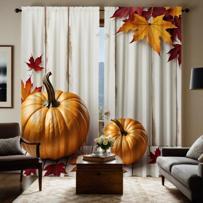 2er Set HD Halloween Gelber Kürbis Ahornblatt dekorativer Vorhang Weißes Band Digital bedruckter Vorhang Heimdekorationsstil De