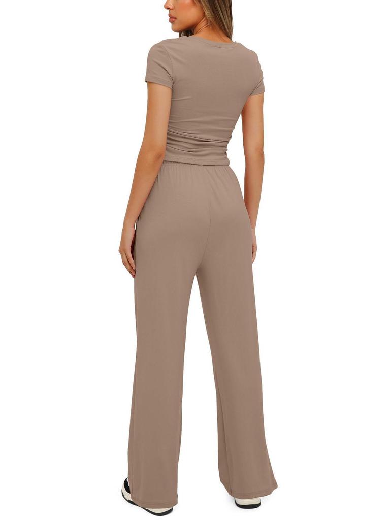 2024 Solid Color Casual Set: Ruffle Sleeve Top & High Waist Wide-Leg Pants Sportswear