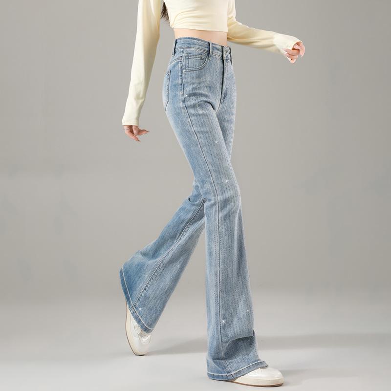 Women's Sparkling Rhinestone Flare Pants - Stretchy, High-Waisted, Slimming Denim for Spring/Autumn