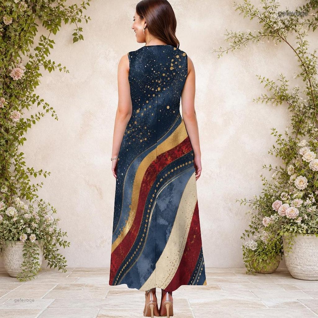 Women Plus Size Keyhole Neck Sleeveless Printed A Line Maxi Dress