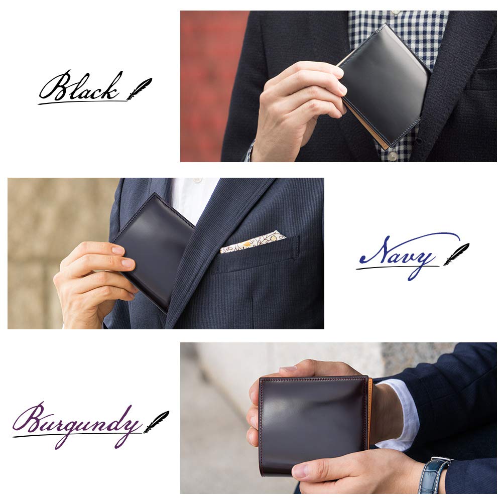 Glücklicher Kerl Men's Cordovan Leather Bifold Wallet with Coin Purse, Free Personalization, Birthday Gift for Dad, GK-018 (Black)