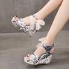 Fashion Women's Floral Print Sandals Mesh Bowknot Decor Wedge Strappy Open-toed Sandal Heels Platform Shoes Ankle-strap Dress Sandales