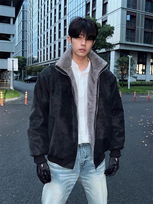 Men's American Retro Plush Eagle Winter Jacket - Stylish & Warm Cotton Coat
