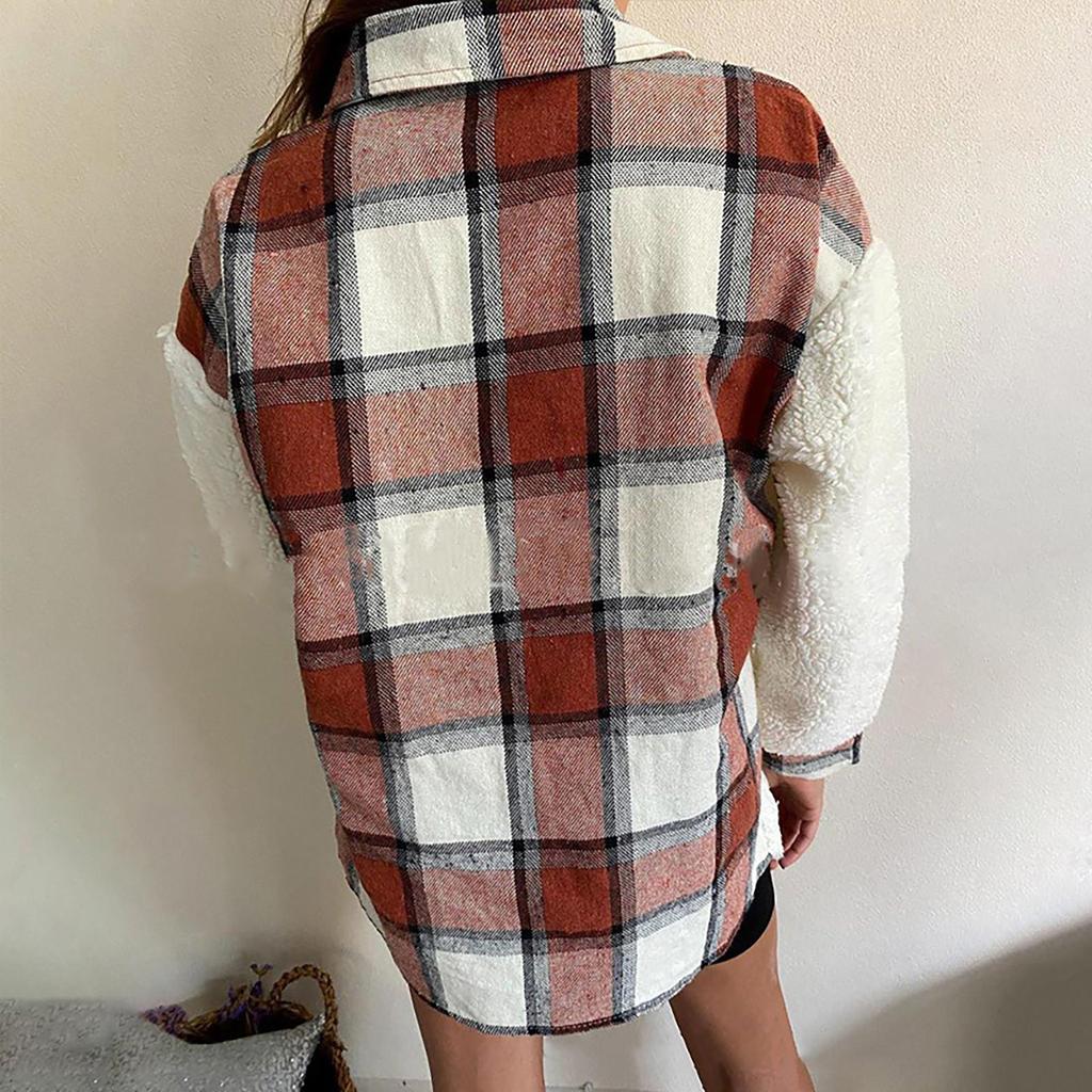 Women Winter Casual Fashion Classic Long Sleeve Lamb Wool Coat Plaid Coat