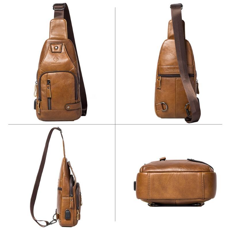 First Layer Cowhide Men's Soft Leather Chest Bag Leather Outdoor Flat Plate with Line Crossbody Bag Large Capacity Bag