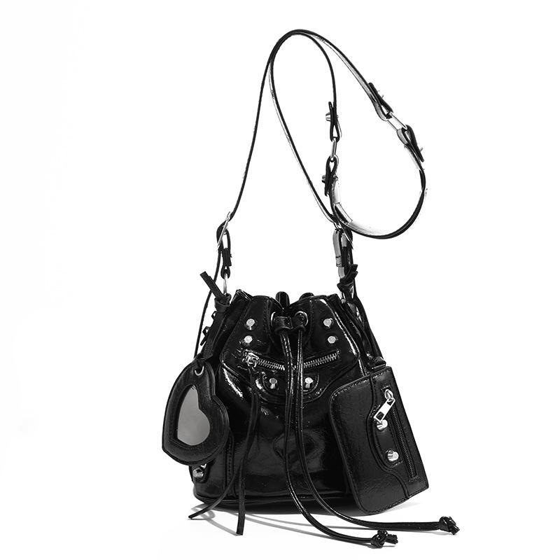 2024 Women's Summer Bucket Bag Set: Fashion Drawstring, Rivet Design, with Wide Shoulder Strap and Messenger Bag.