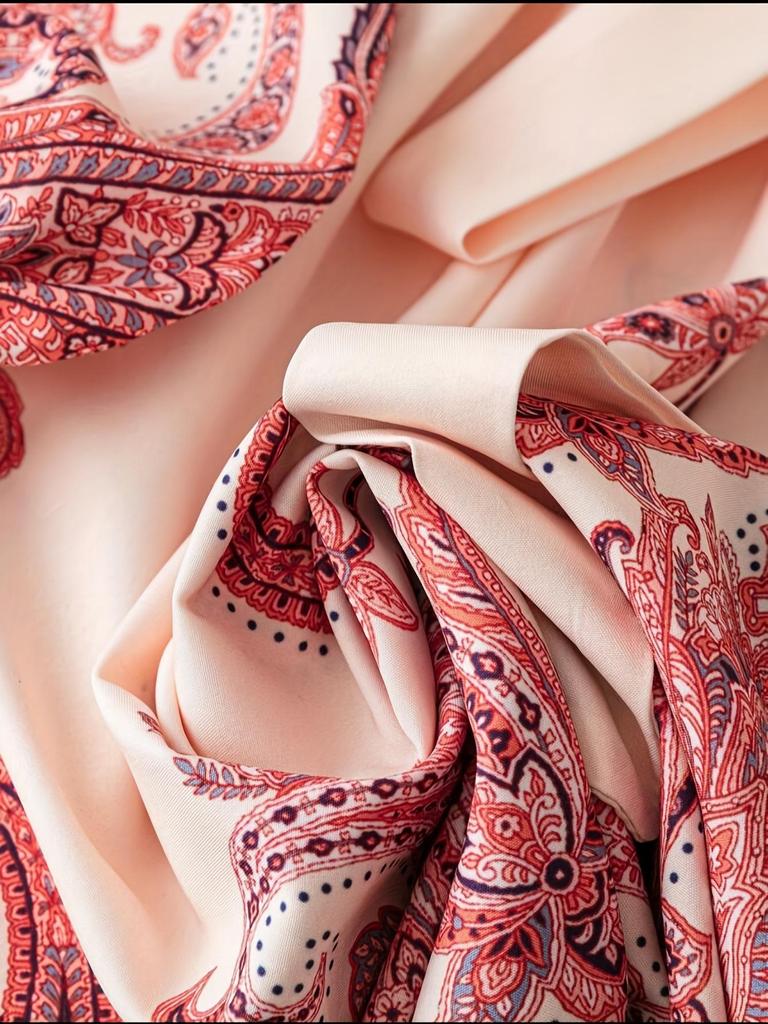 Frühlingshaftes Französisches Retro-Print-Kleid mit V-Ausschnitt, Laternenärmeln und Taillenbindeband