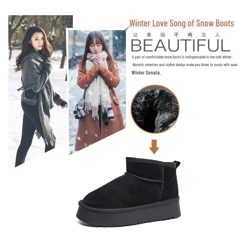 Women's Winter Suede Fleece-Lined Short Boots - Thick Sole, Warm, Fashionable, Casual, Trendy Cotton Boots.