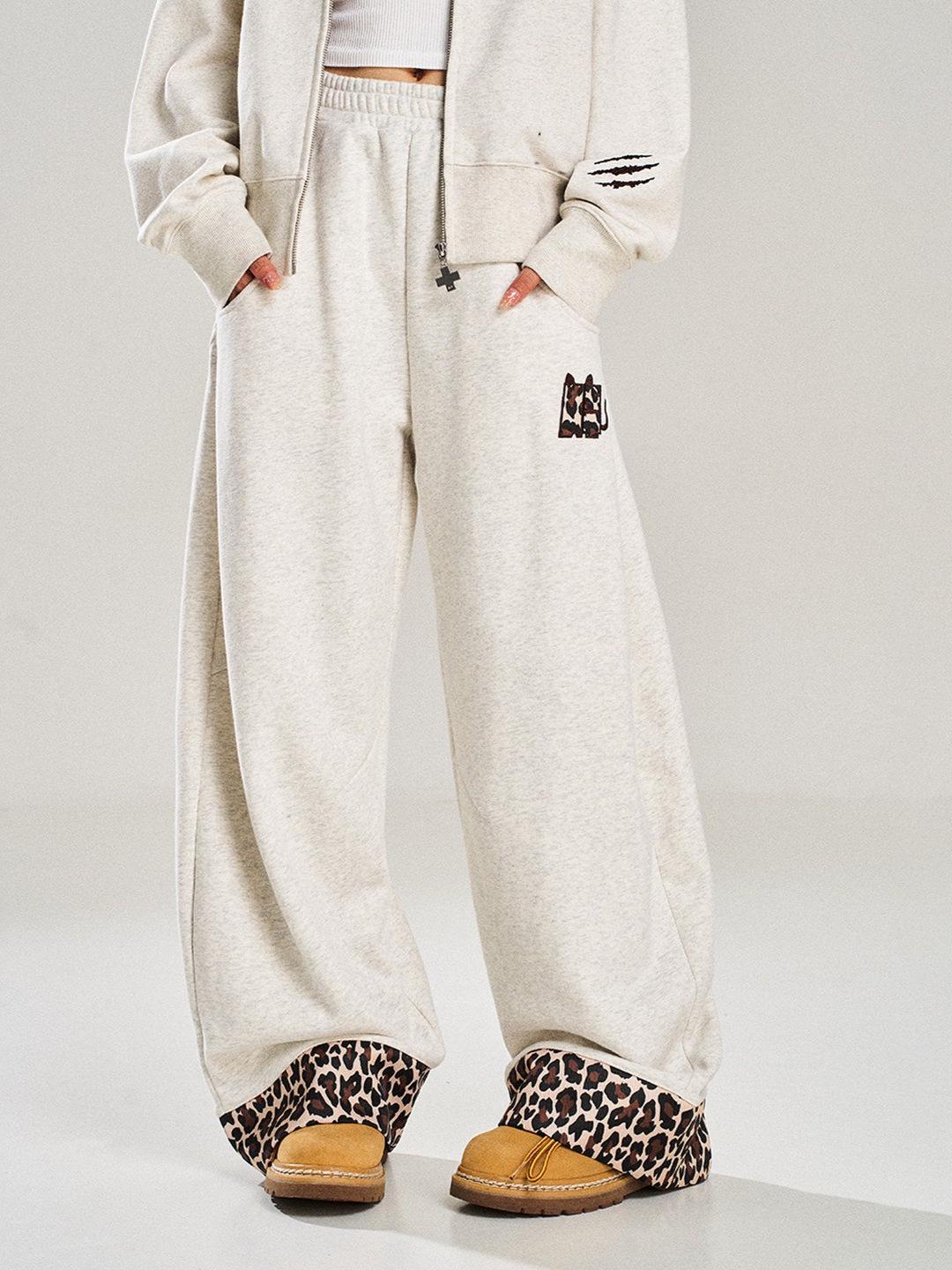 Women s Trendy Wide-Leg Leopard Print Sweatpants with Patchwork & Embroidery XXL