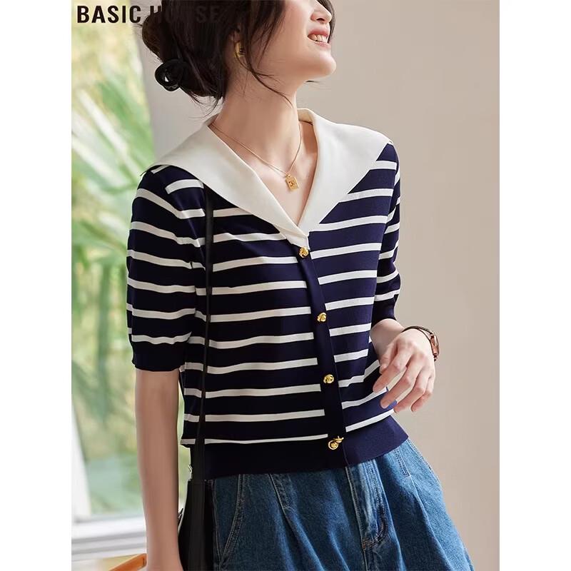 Basic House Women's Striped Sailor Collar Knit T-shirt