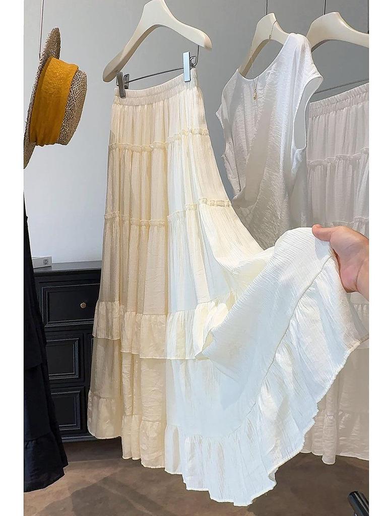 Women's High-Waist Ruffle Patchwork Skirt: Solid Color, Layered Long Hem for Spring/Summer 2026