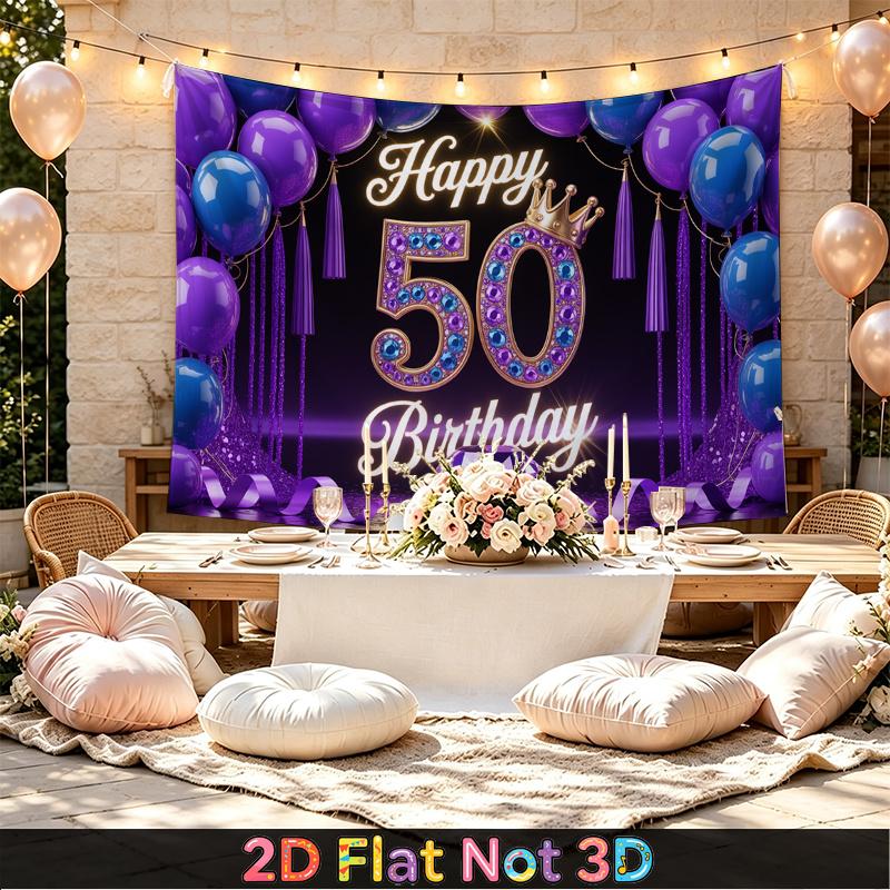 Party Backdrop Happy 50Th Birthday Birthday Blue Purple 50Th Photo Booth Background Front Door Decor