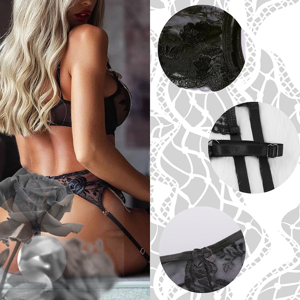 Spitzen-Strumpfhalter-Set mit Tanga für Damen Hosenträger-Dessous mit 4 Metallklammern Haltergurte für Strümpfe + Tanga