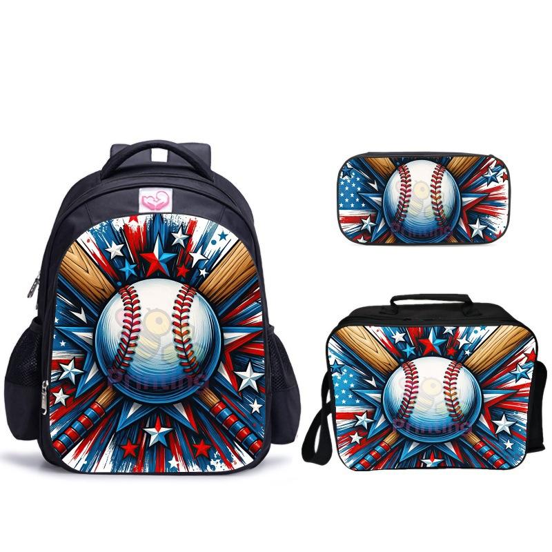 Creative Broken Wall Baseball Three-Piece Set 3D Visual Effect Design Printing School Bag Meal Bag Pencil Bag Combination Set