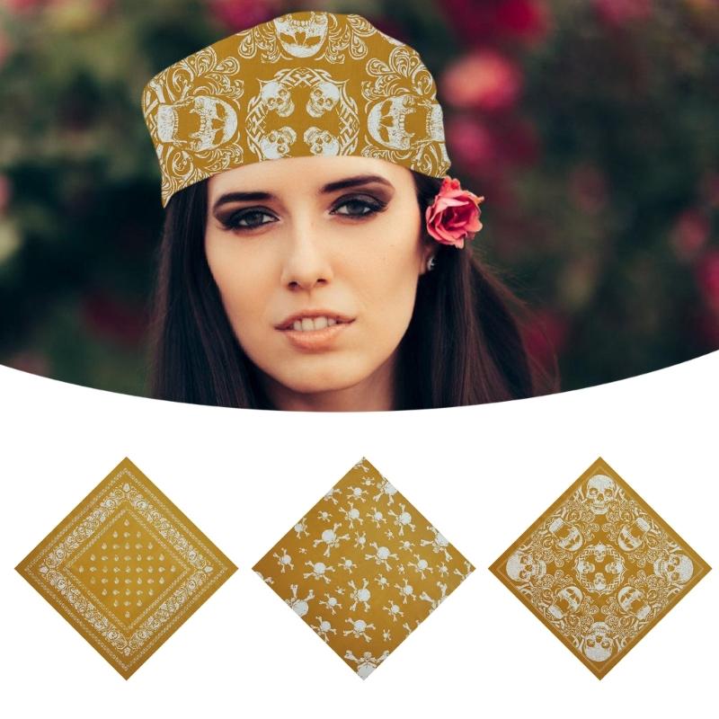 21'' Skull Pattern Bandana Head Scarf for Women Male Square Turbans Head Scarf Colorful Head Wrap Headwear