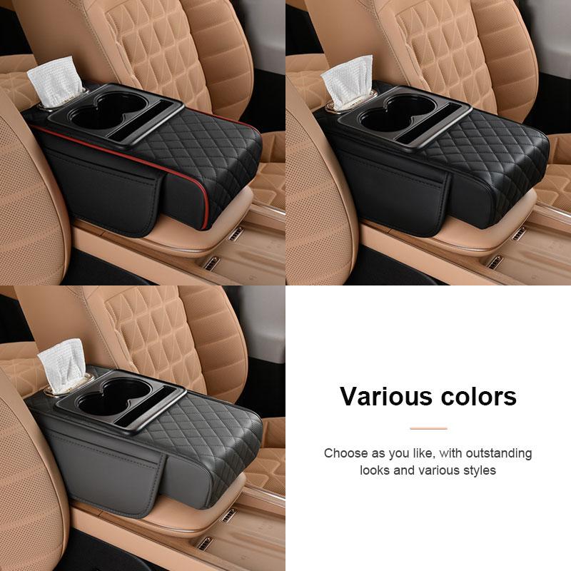 SEAMETAL 3 IN 1 Car Armrest Cushion Memory Foam Height Pad PU Leather Tissue Box with 2 Cup Holder
