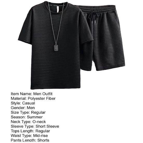 2 szt./zestaw Strój męski Wafelkowa tkanina Jednolity kolor Garnitur sportowy Okrągły dekolt Krótki rękaw Top Szorty ze sznurkiem Zestaw Casualowa odzież sportowa