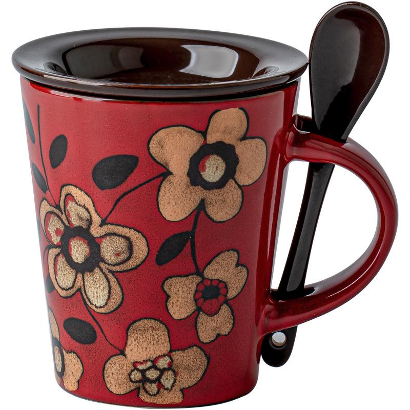 Original Design Coffee Cup Hand-Painted National Style Ceramic With Lid Spoon High Value Red Cup Birthday Gift