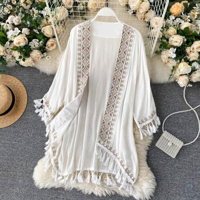 Damska długa koszula kimono etniczna czeska w stylu Vintage haft luźny sweter topy wakacyjne bluzki z filtrem przeciwsłonecznym zewnętrzna okładka